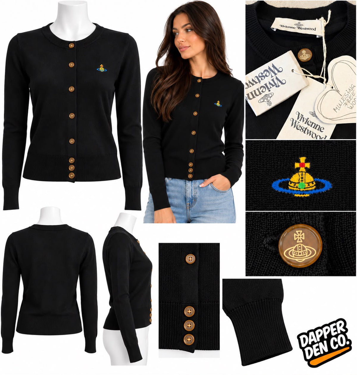 Vivienne Westwood Black Merino Wool Cardigan XS Crew Neck Button Orb Logo