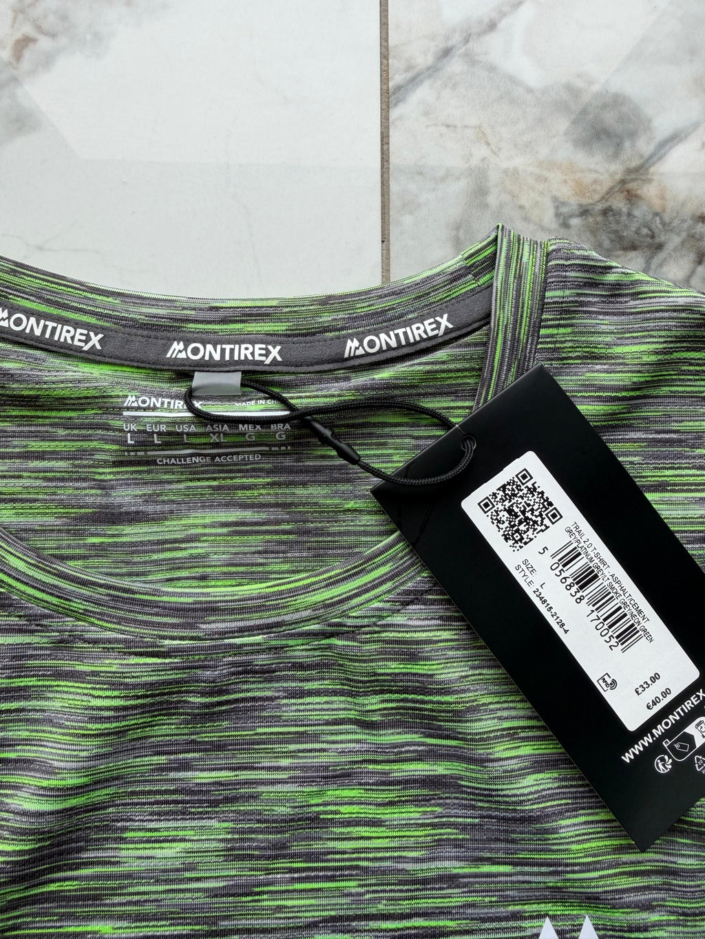 Montirex Trail 2.0 Men's Grey/Green Polyester Logo Crew T-Shirt Size L 234815