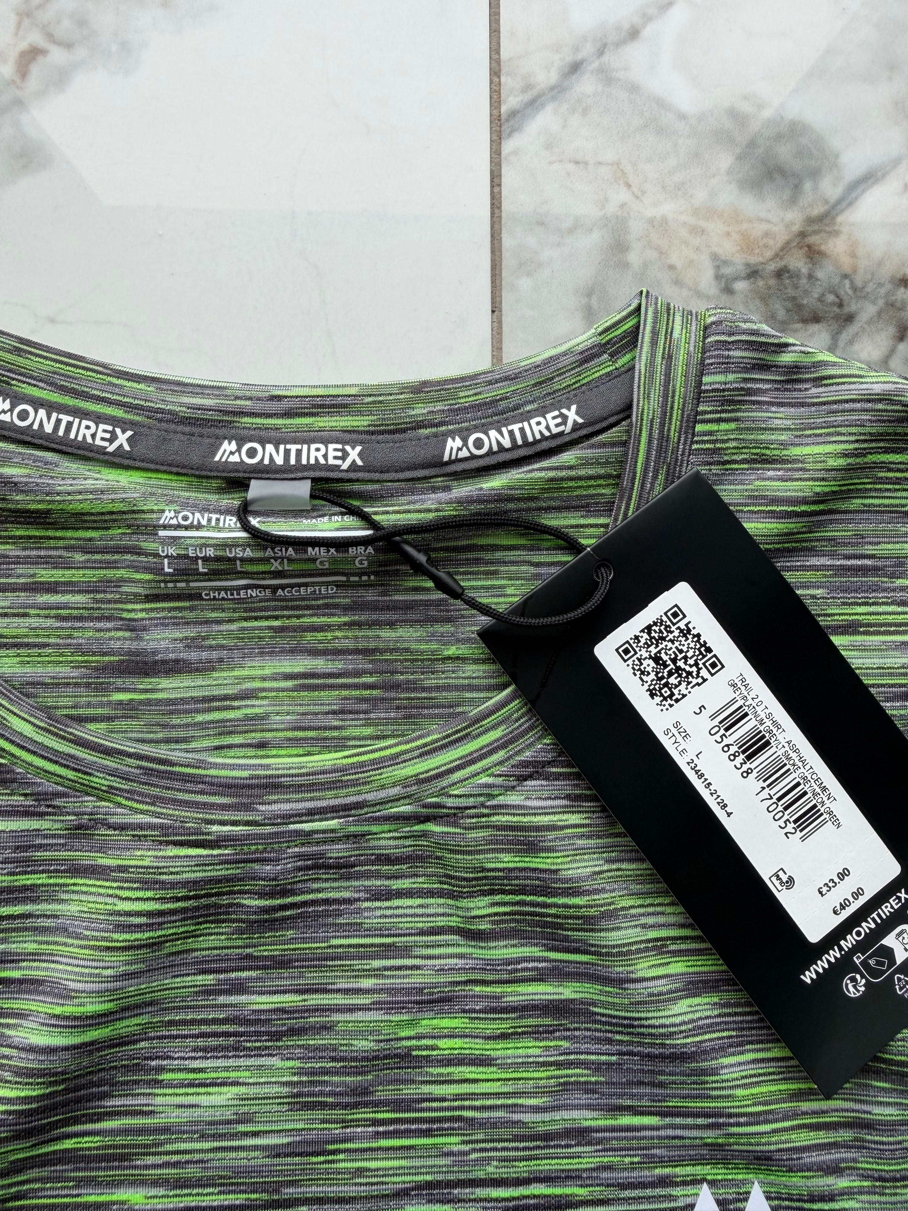 Montirex Trail 2.0 Men's Grey/Green Polyester Logo Crew T-Shirt Size L 234815