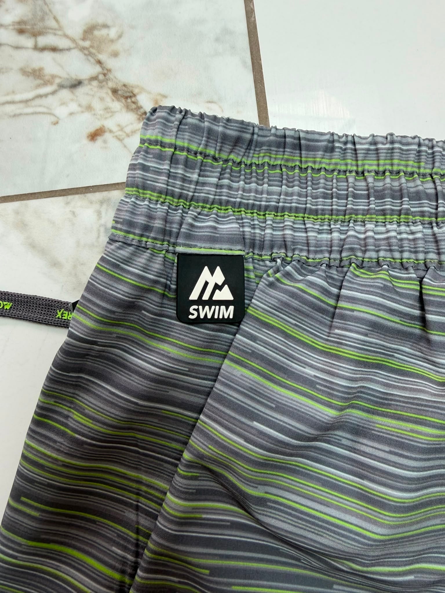 Montirex Men's Swim Shorts Grey/Green Striped Drawstring Elastic Waist Size S
