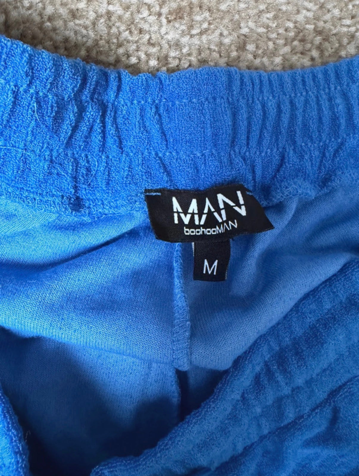 boohooMAN Men's 2pc Terry Shirt & Shorts Set Pockets Drawstring Blue M