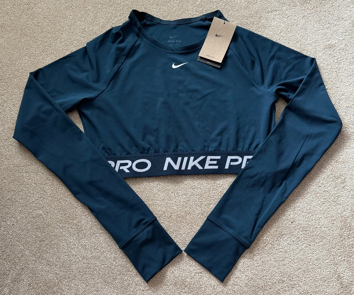 Nike Pro Dri-FIT Women's Cropped Long Sleeve Crew Neck Stretch Top Blue Large
