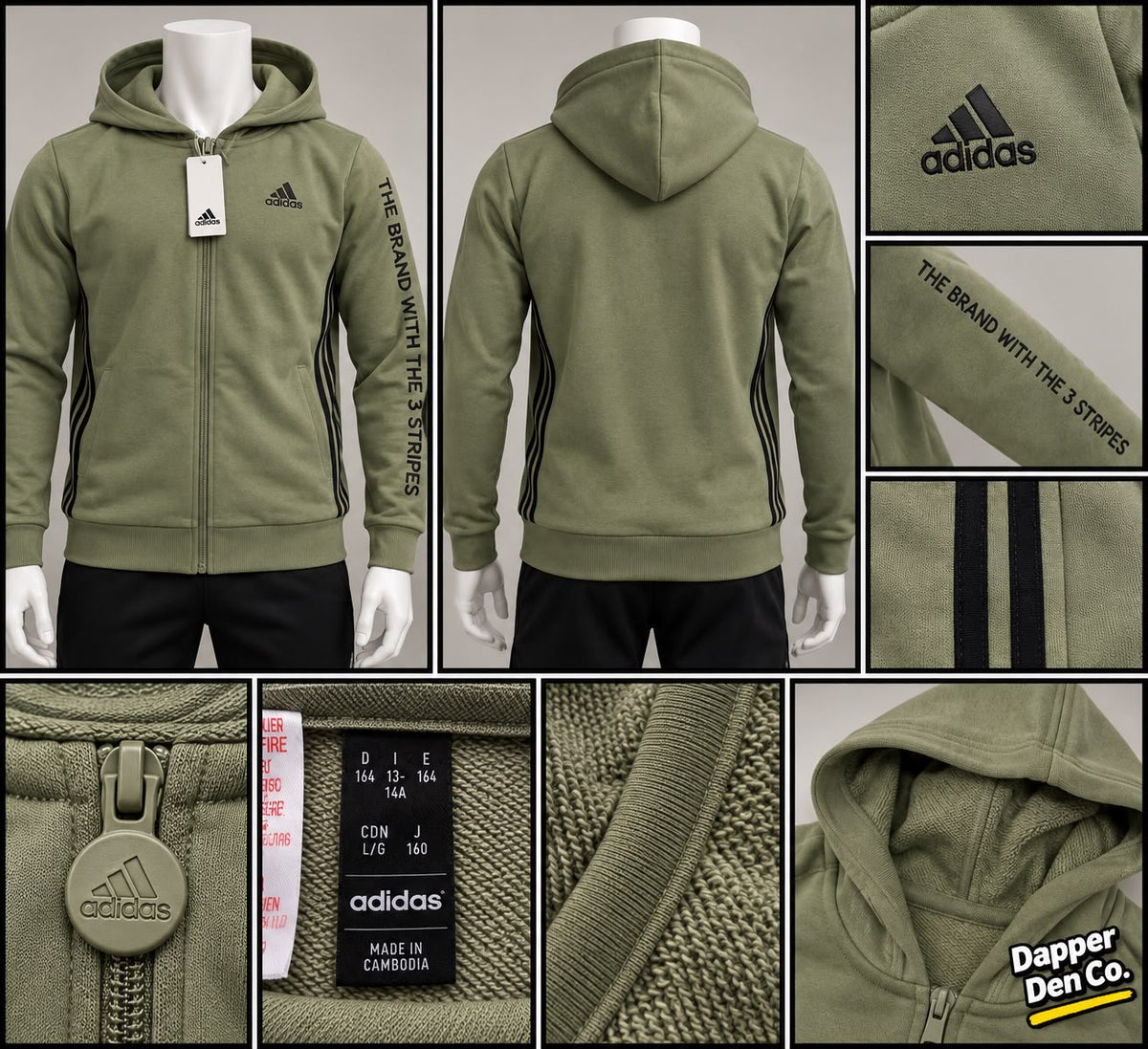 adidas Unisex Large Teens Green Full Zip Fleece Hooded Hoodie Logo Pockets Size
