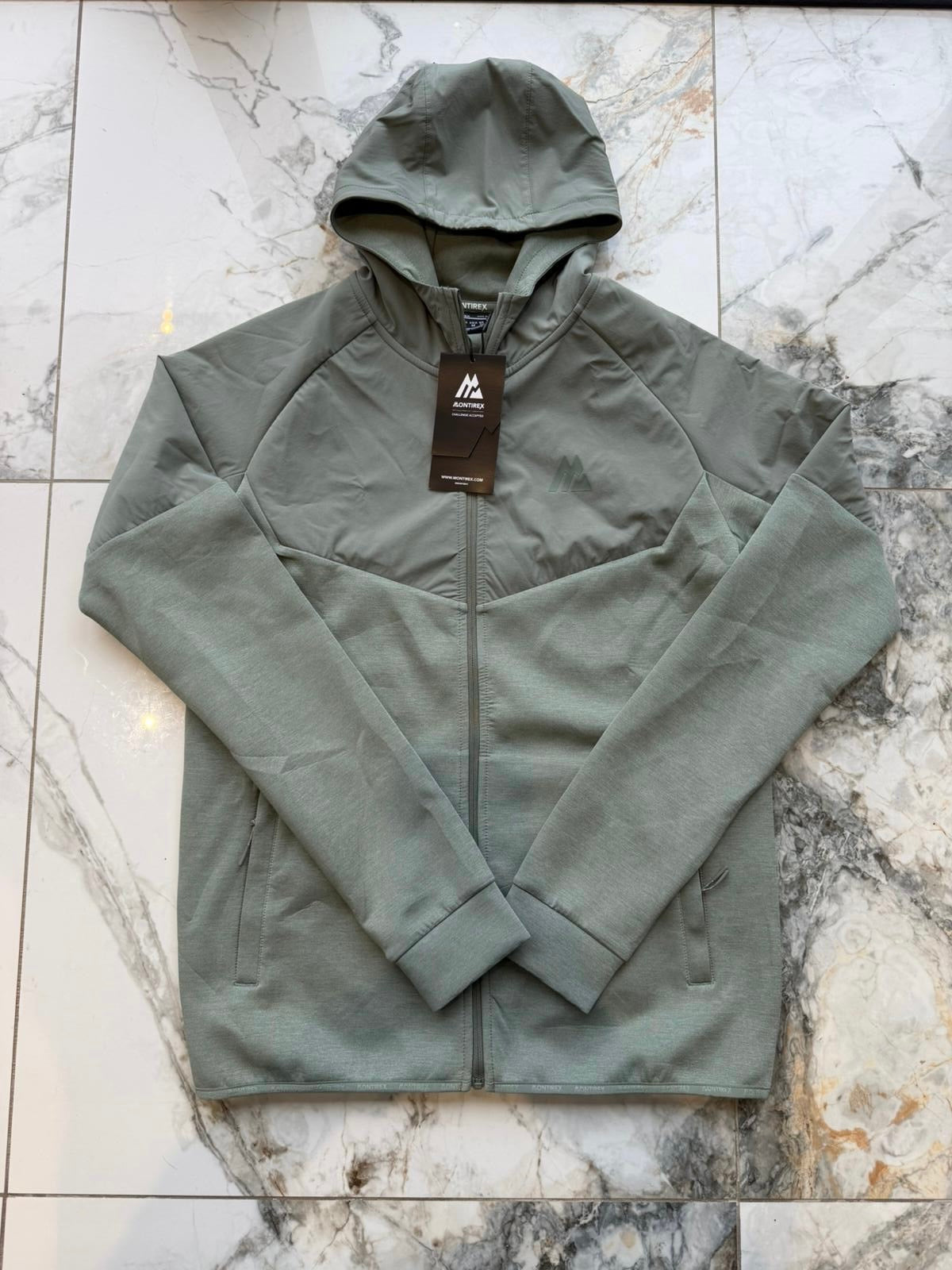 Montirex Men's Green Full Zip Fleece Hooded Hoodie w/ Logo Pockets Size S FITS MEDIUM