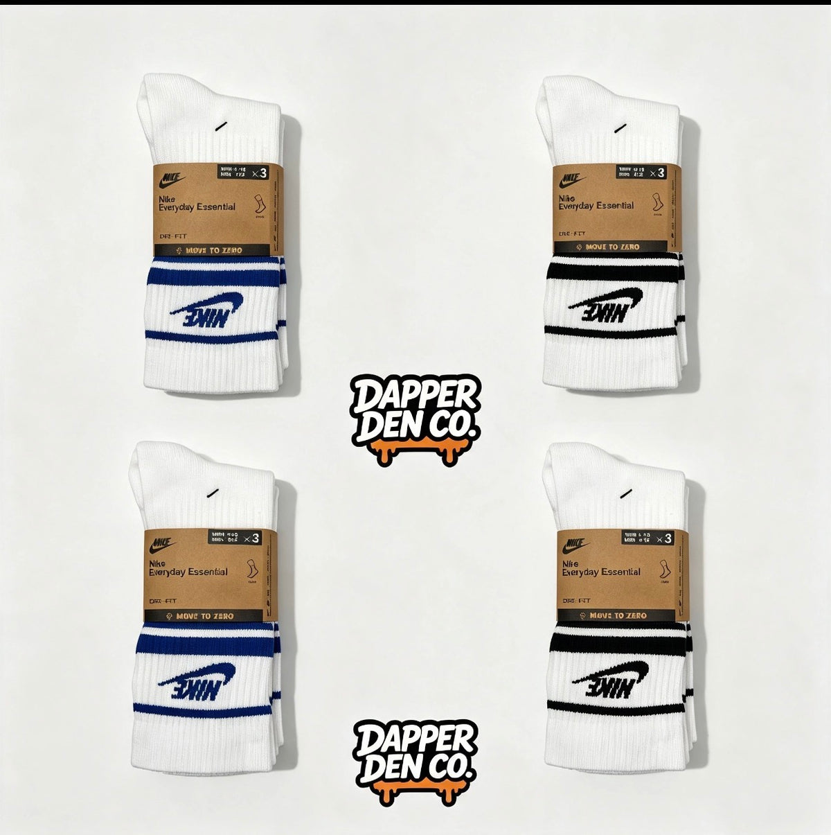 Nike Everyday Essential Crew Socks White/Black/Blue Striped L 4 Pack12 pairs