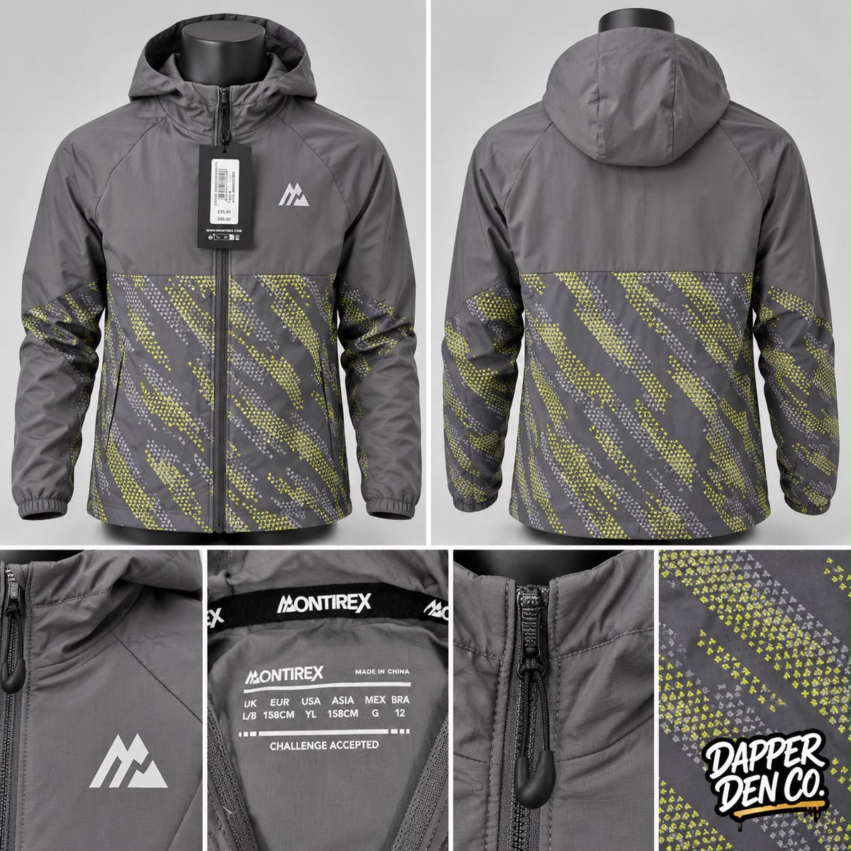 Montirex Challenge Accepted Teens Hooded Full Zip Windbreaker Jacket Grey L/B