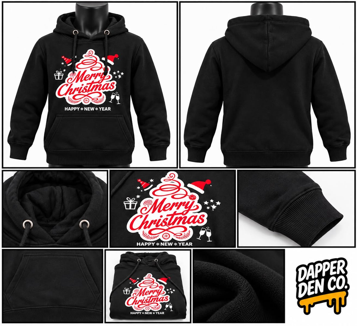 Men's Black Pullover Fleece Hoodie Santa Merry Christmas Size M