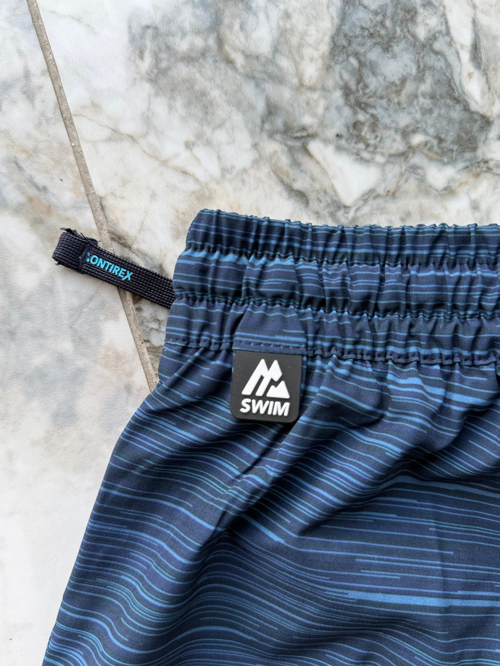Montirex Men's Swim Shorts S Blue/Aqua Striped Gradient Elastic Waist Mesh Lined