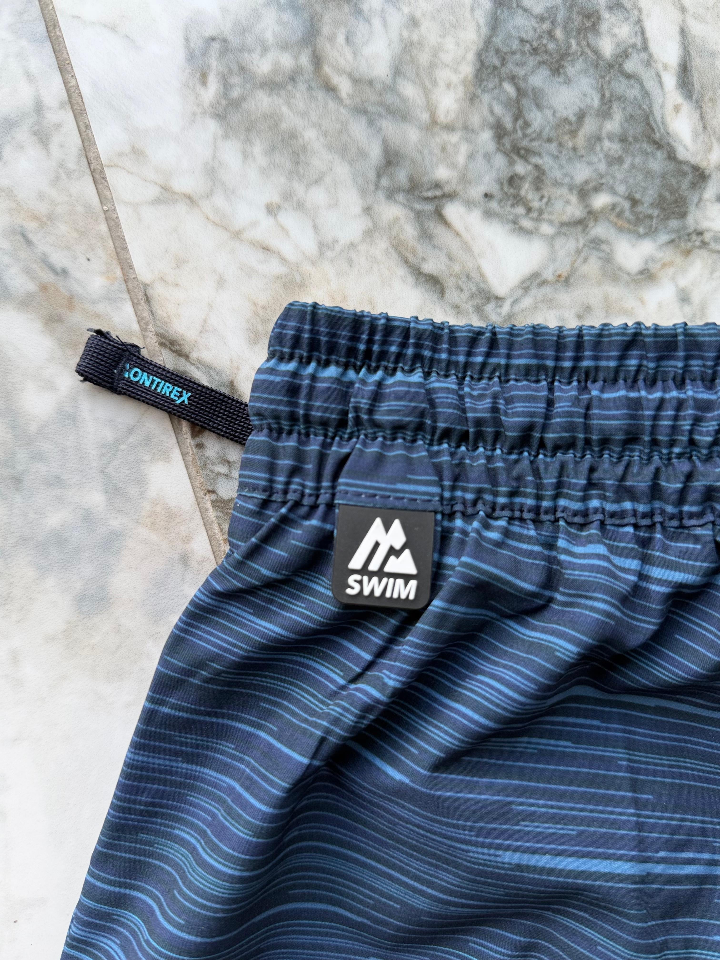 Montirex Men's Swim Shorts S Blue/Aqua Striped Gradient Elastic Waist Mesh Lined