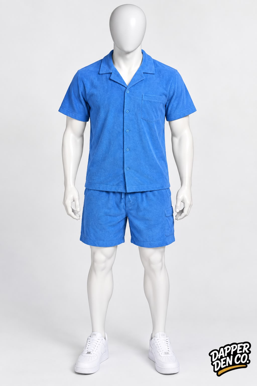 boohooMAN Men's 2pc Terry Shirt & Shorts Set Pockets Drawstring Blue M