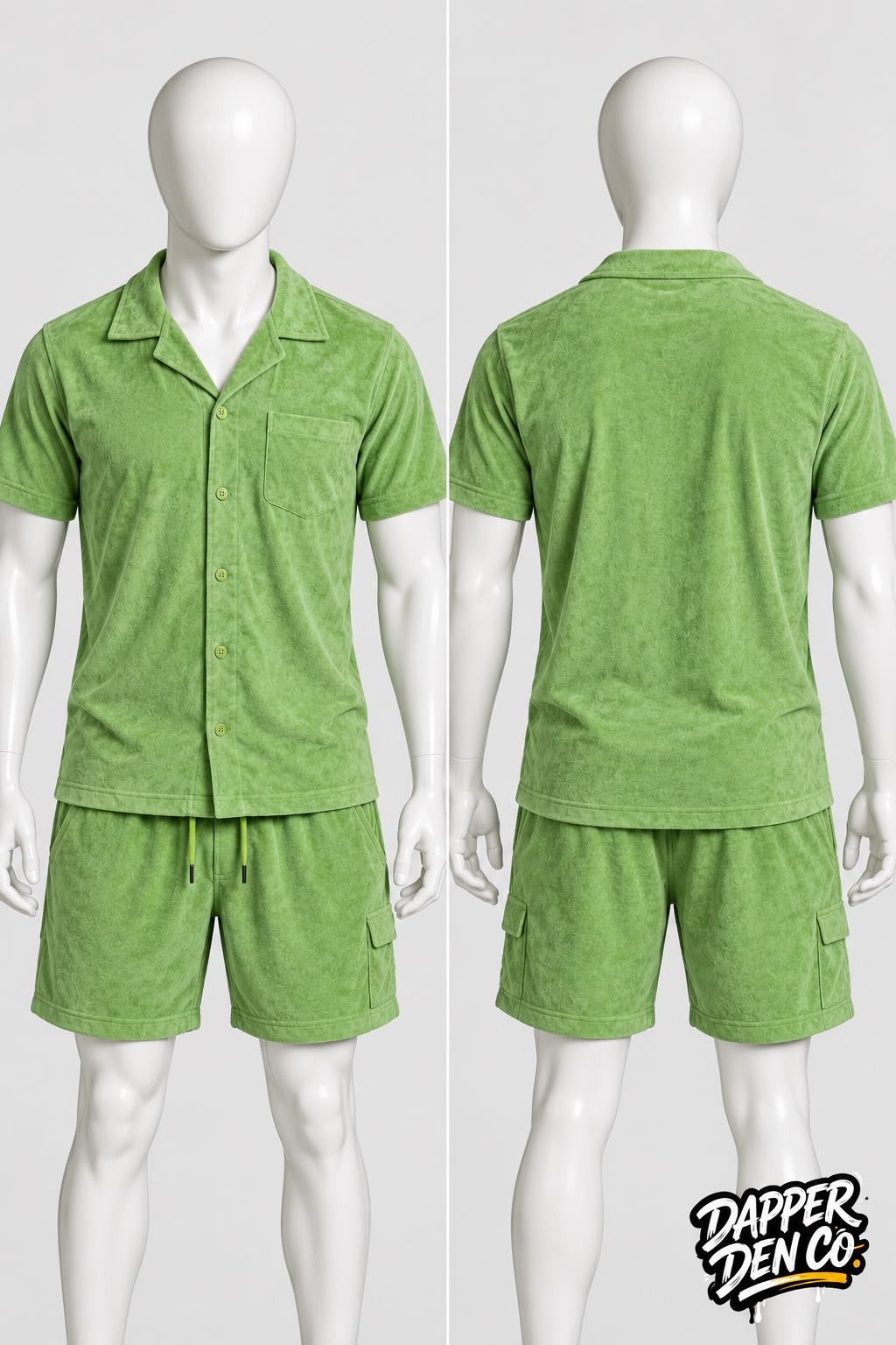 boohooMAN Men's Green Terrycloth Cotton Button-Up Shirt & Shorts Set Size M