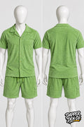 boohooMAN Men's Green Terrycloth Cotton Button-Up Shirt & Shorts Set Size M